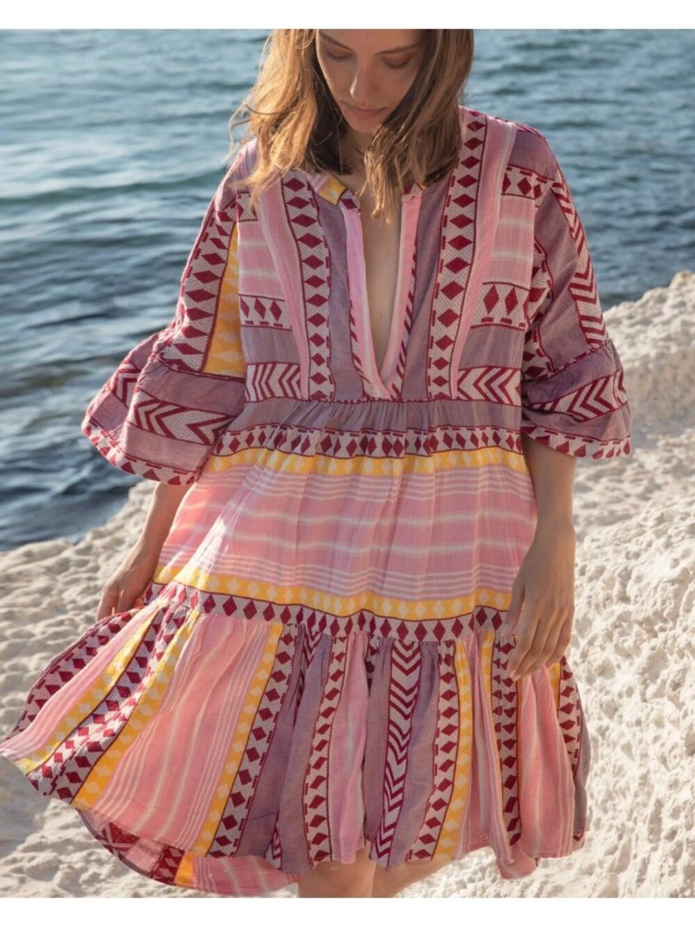 Devotion Twins Anthropologie Cotton Midi Dress in Pink/Yellow Size Medium